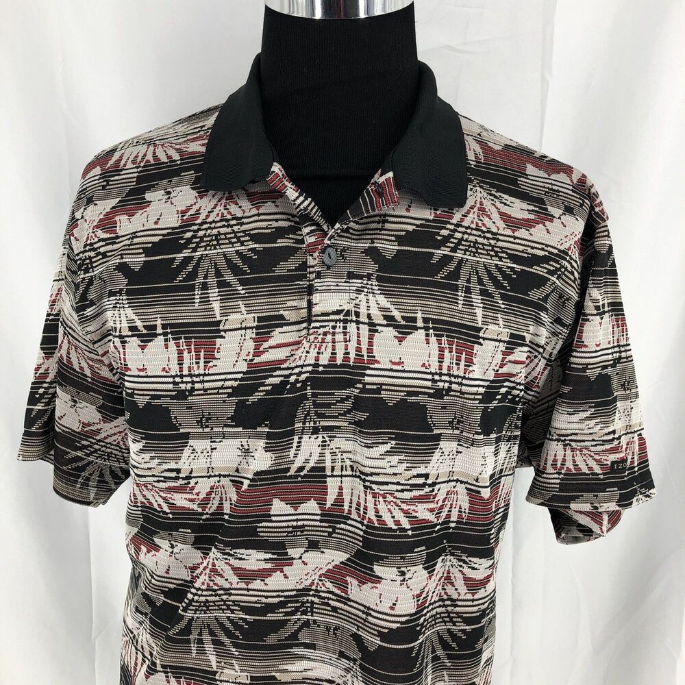 IZOD Golf Classix Elite Cool-FX Black Red Tan Floral Striped Polo Shirt XXL